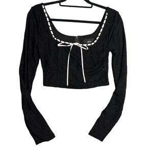 Privy Black Crop Top Size M Milkmaid‎ Textured Square Neck Long Sleeve NWT